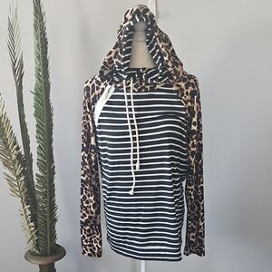 Andthewhy Leopard and Striped Double Hood Hoodie